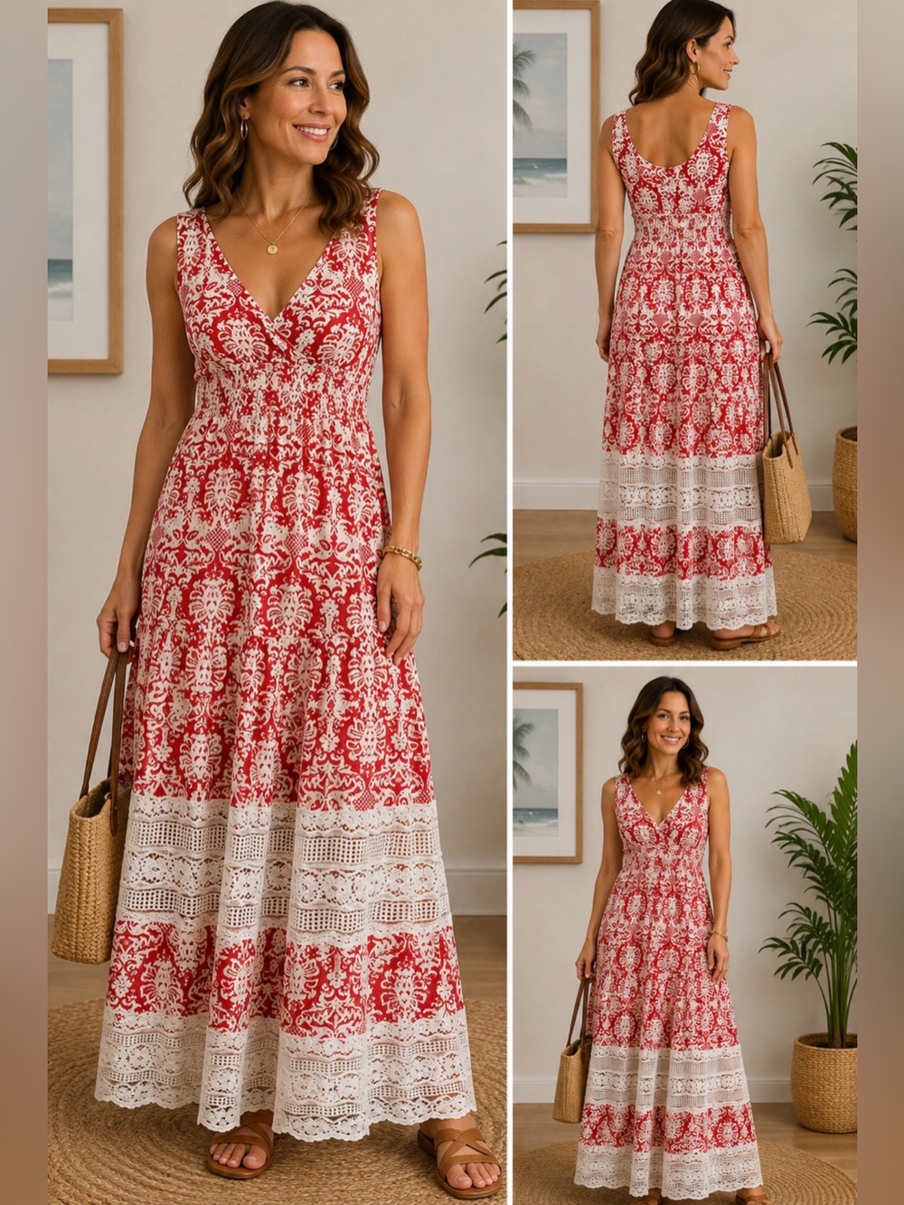 Women’s Ikat Maxi Dress Red & White M Long Sleeveless Summer Print Sz 8 10 - Picture 11 of 11